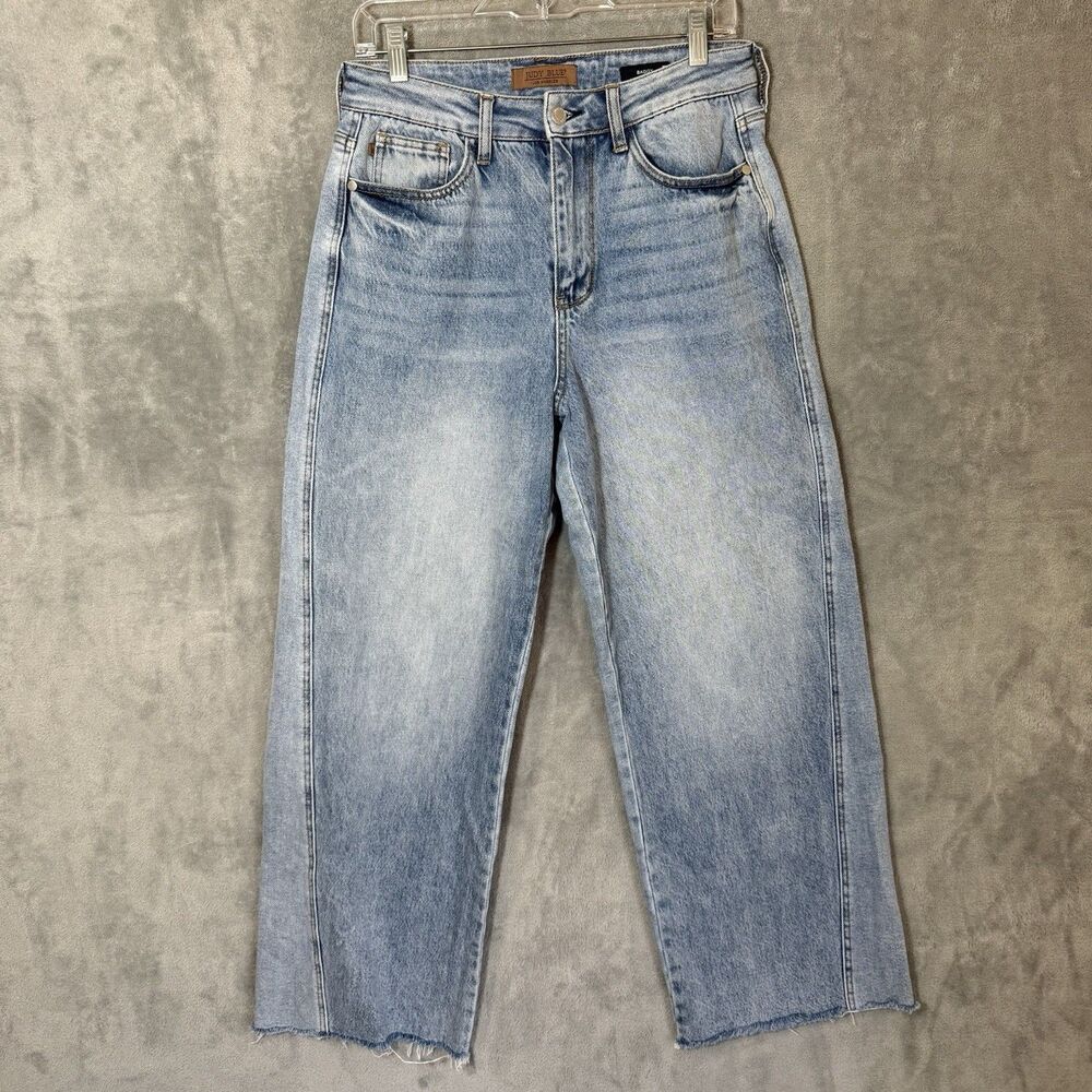 JUDY BLUE Jeans 5/27 Baggy Denim Wide Leg Stretch Light Wash Whiskered Raw Hem